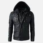 Detachable Hood Black Biker Leather Jacket for Men