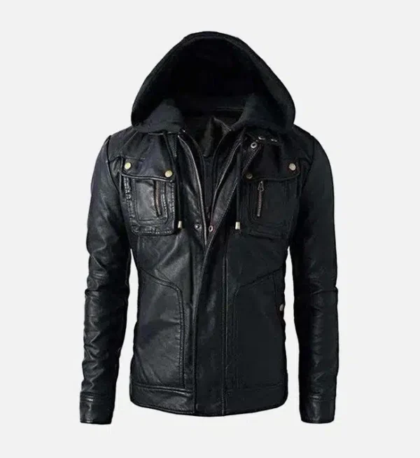 Detachable Hood Black Biker Leather Jacket for Men