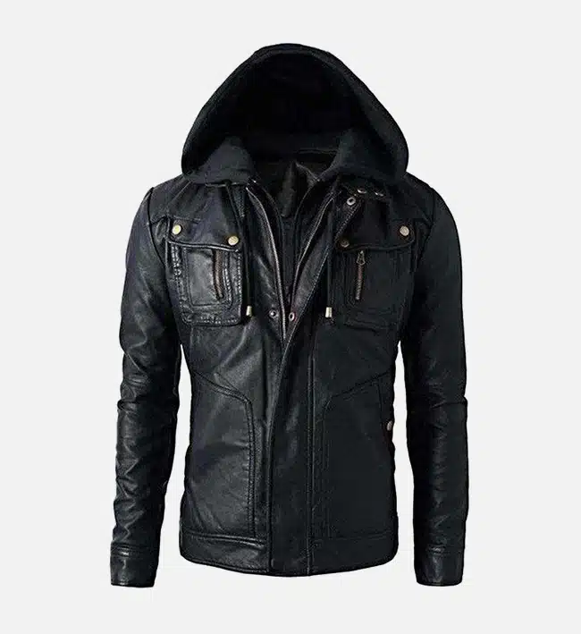 Detachable Hood Black Biker Leather Jacket for Men