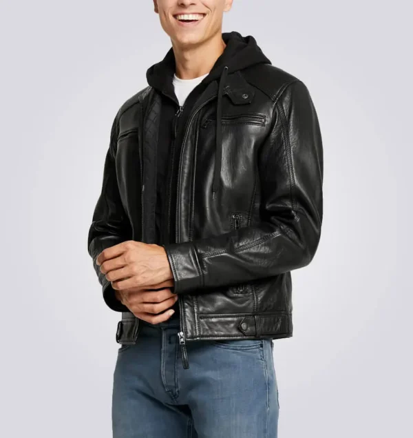 Mens shearling hooded leather jacket