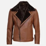 Cognac Leather Shearling Moto Jacket for Men