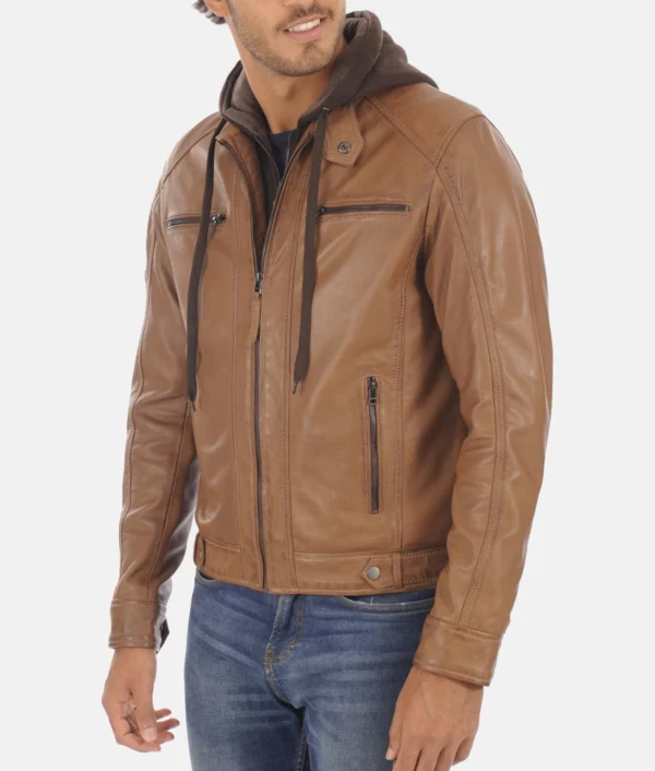 Erico Cognac Lambskin Mens leather Hoodie Jacket