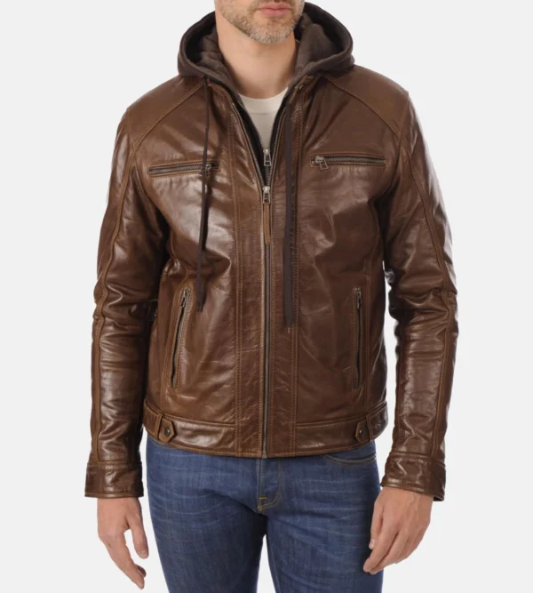 Genuine Mocca Buffalo Leather Stockley Hood Jacket
