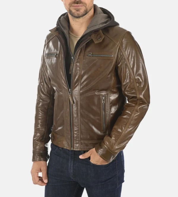 Mocca leather hooded jacket men