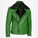 Green Shearling Leather Moto Jacket for Men