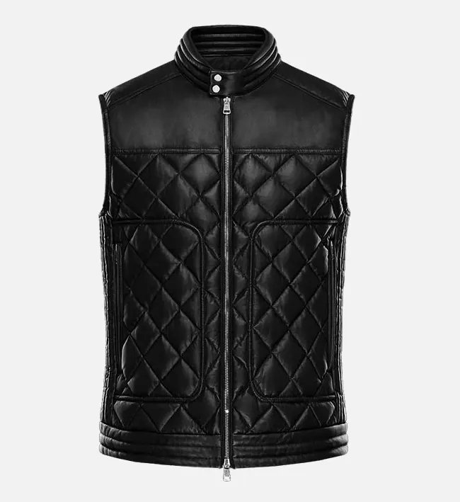 Mens Quilted Black Stallion Leather Biker Vest