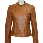Slim Fit Brown Quilted Leather Jacket for Women
