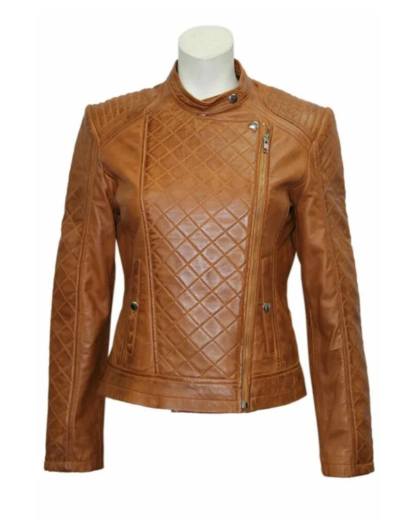 Slim Fit Brown Quilted Leather Jacket for Women
