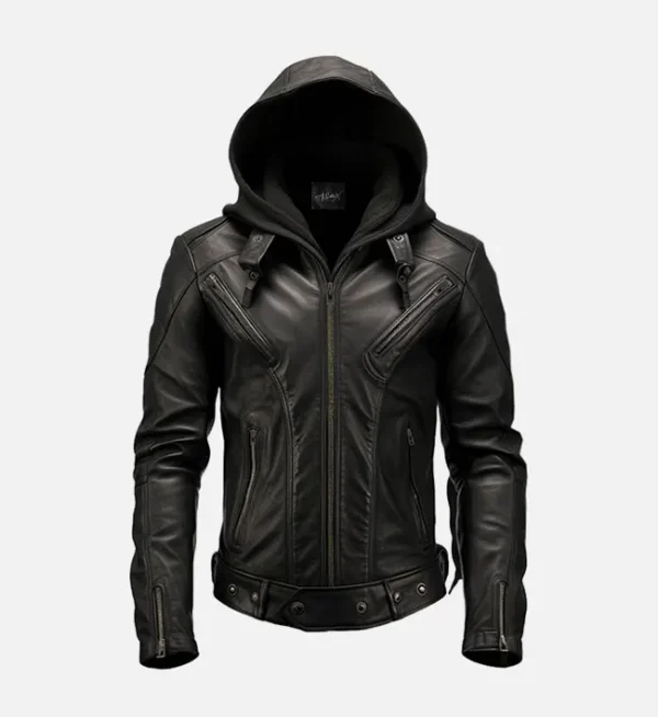 Classic Style Mens Black Hooded Leather Jacket