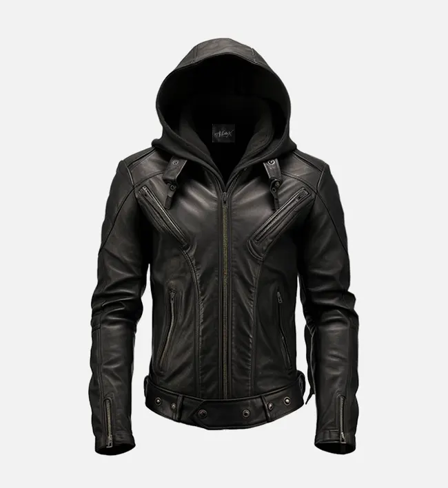 Classic Style Mens Black Hooded Leather Jacket