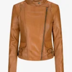 Cafe Racer Leather Biker Jacket Womens Elegant Sleek Tan Design