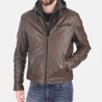 Removable Hooded Genuine Leather Jacket in Brown