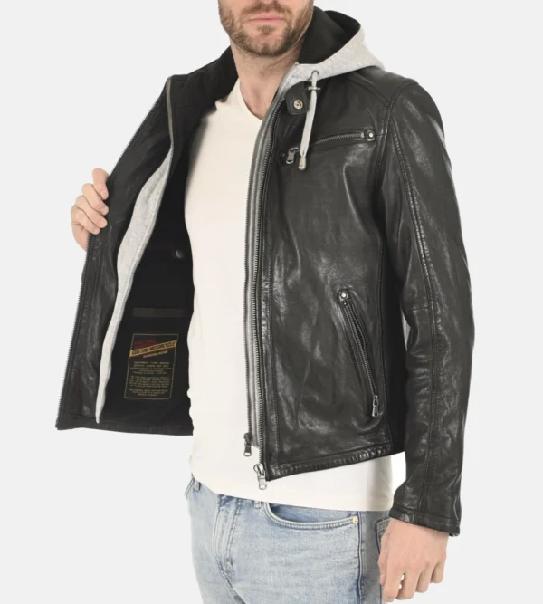 Removable hood leather jacket