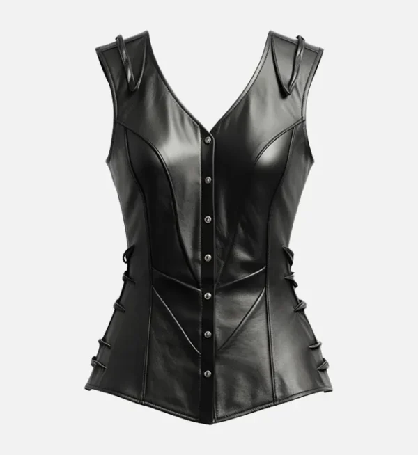 Womens Retro Black Leather Biker Vest