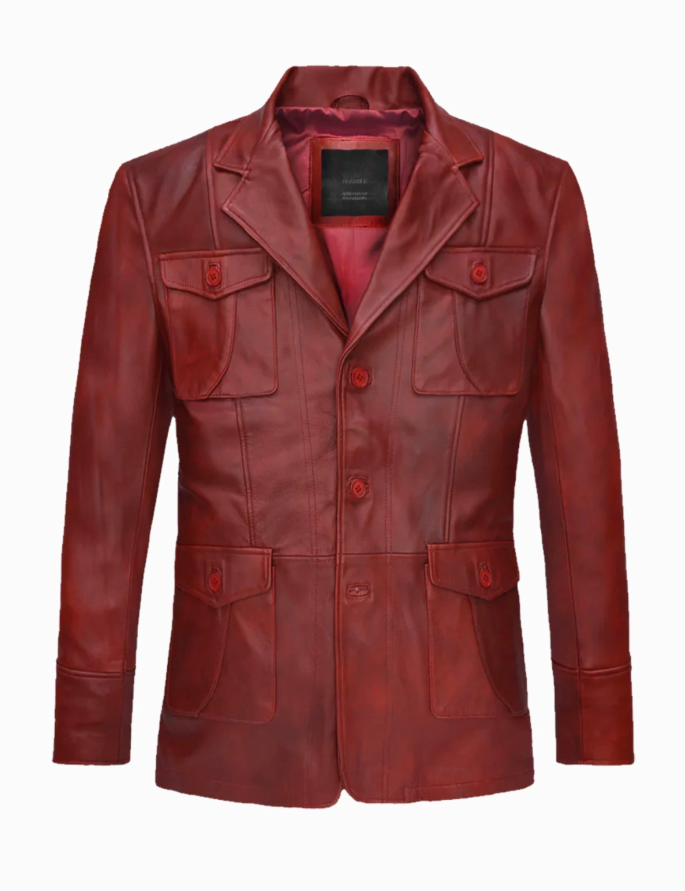 Bold Vintage Red Classic Real Leather Blazer