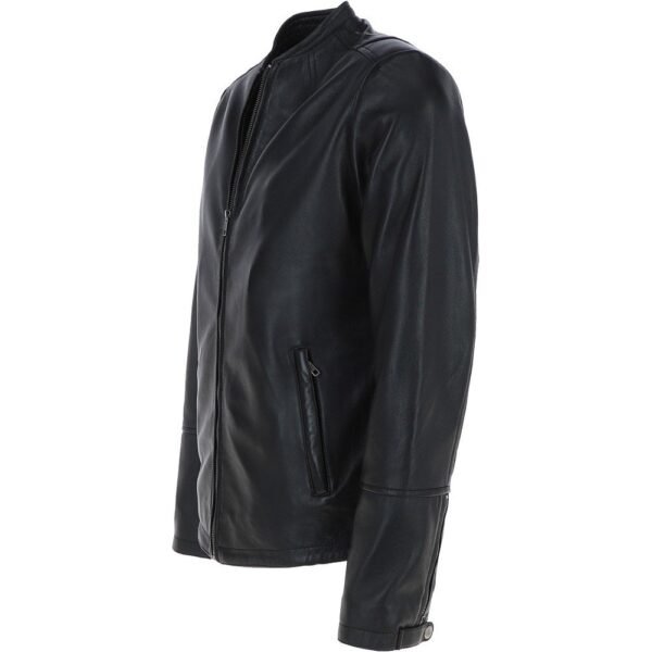 Round Collar Black Motorcycle Jacket for Men