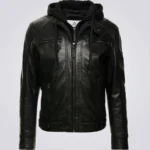 Black Shearling Hooded Biker Leather Jacket Mens