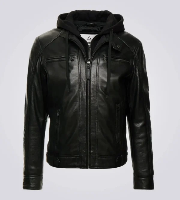 Black Shearling Hooded Biker Leather Jacket Mens