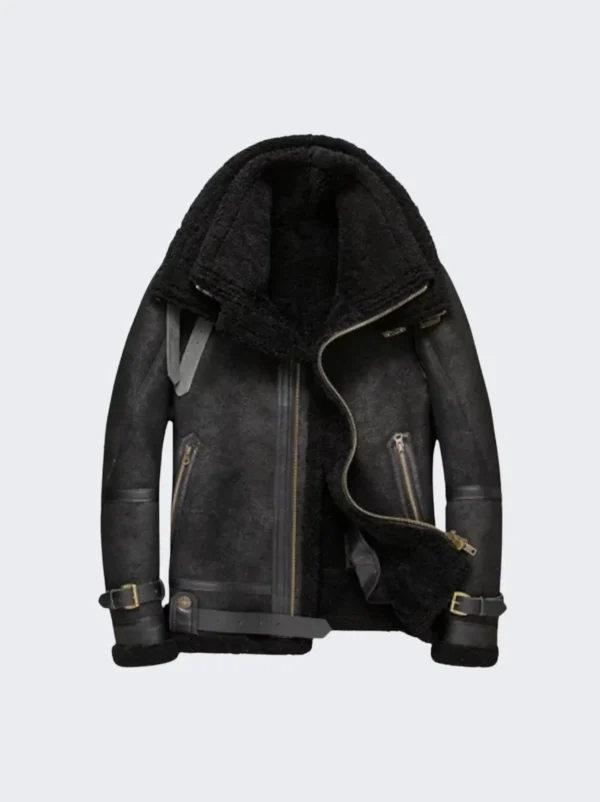 Oversized B3 Black Shearling Leather Bomber Jacket