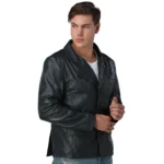 Navy Leather Blazer Mens Blue