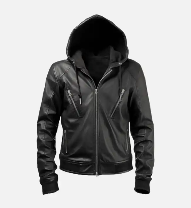 Top notch Mens Hooded Black Leather Jacket