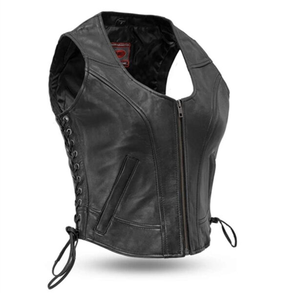 Womens Soft Leather Biker Vest with Zip-Up Front