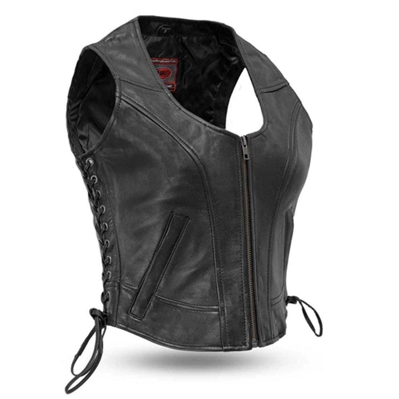 Womens Soft Leather Biker Vest with Zip-Up Front