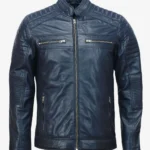 Midnight Blue Cafe Racer Full zippered Leather Jacket for Men