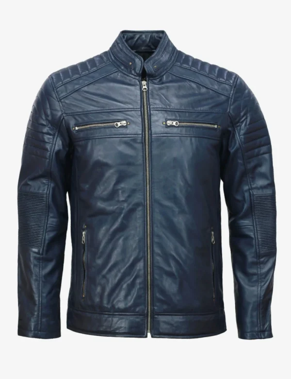 Midnight Blue Cafe Racer Full zippered Leather Jacket for Men