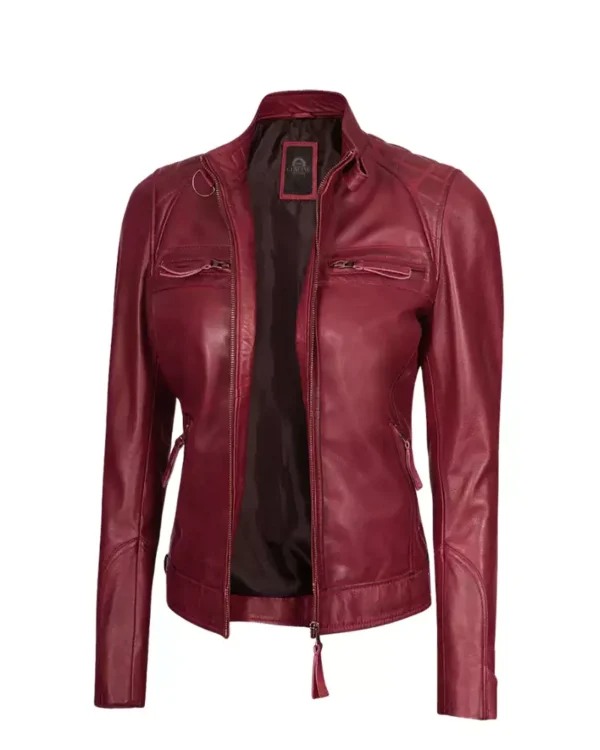 Womens Maroon Cafe Racer Quilted Jacket - Image 3
