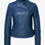 Stylish Women Blue Leather Cafe Racer Jacket