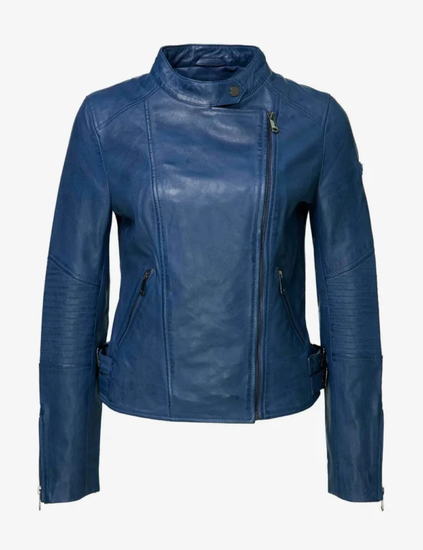 Stylish Women Blue Leather Cafe Racer Jacket