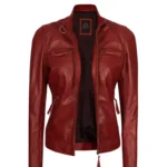 Womens Maroon Cafe Racer Quilted Jacket