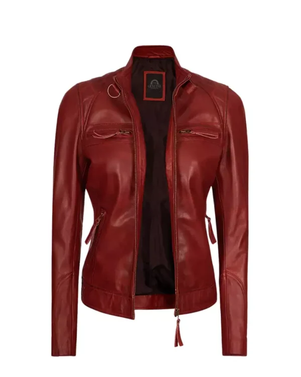 Womens Maroon Cafe Racer Quilted Jacket