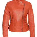 Womens Vibrant Orange Leather Cafe Racer Jacket