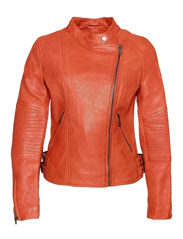 Womens Vibrant Orange Leather Cafe Racer Jacket
