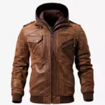 Mens Brown Bomber Leather Jacket with Removable Hood