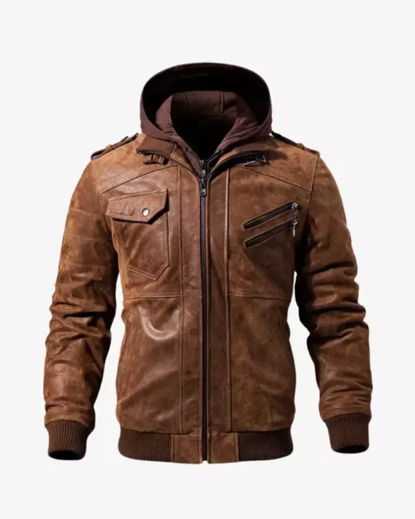 Mens Brown Bomber Leather Jacket with Removable Hood
