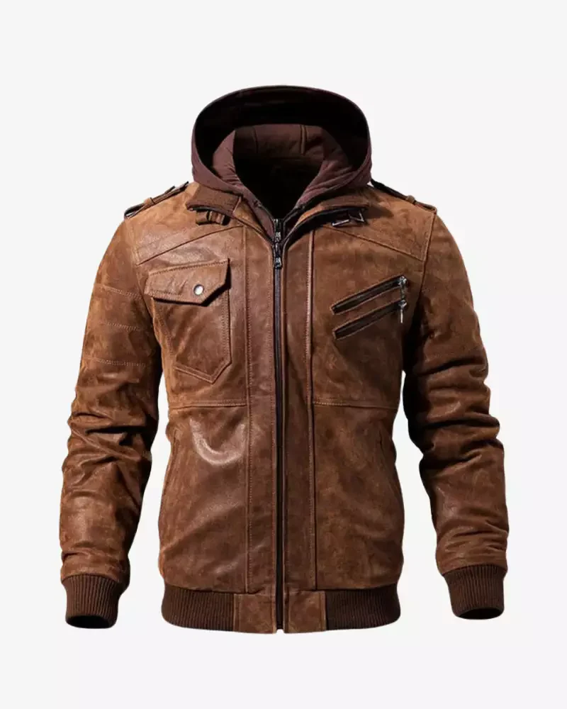 Mens Brown Bomber Leather Jacket with Removable Hood