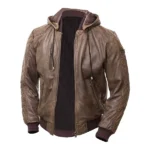Classic Mens Brown Leather Hooded Jacket