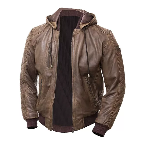 Classic Mens Brown Leather Hooded Jacket