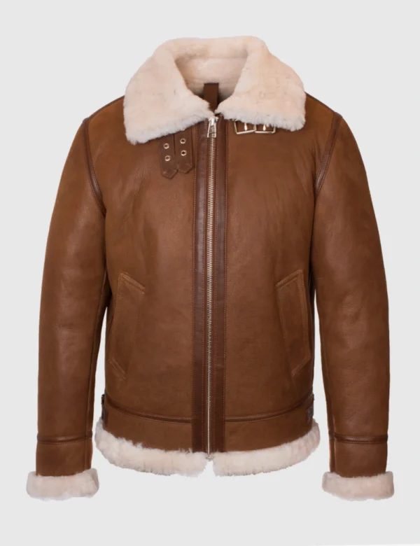 Wooden Brown Leather Aviator Shearling Jacket
