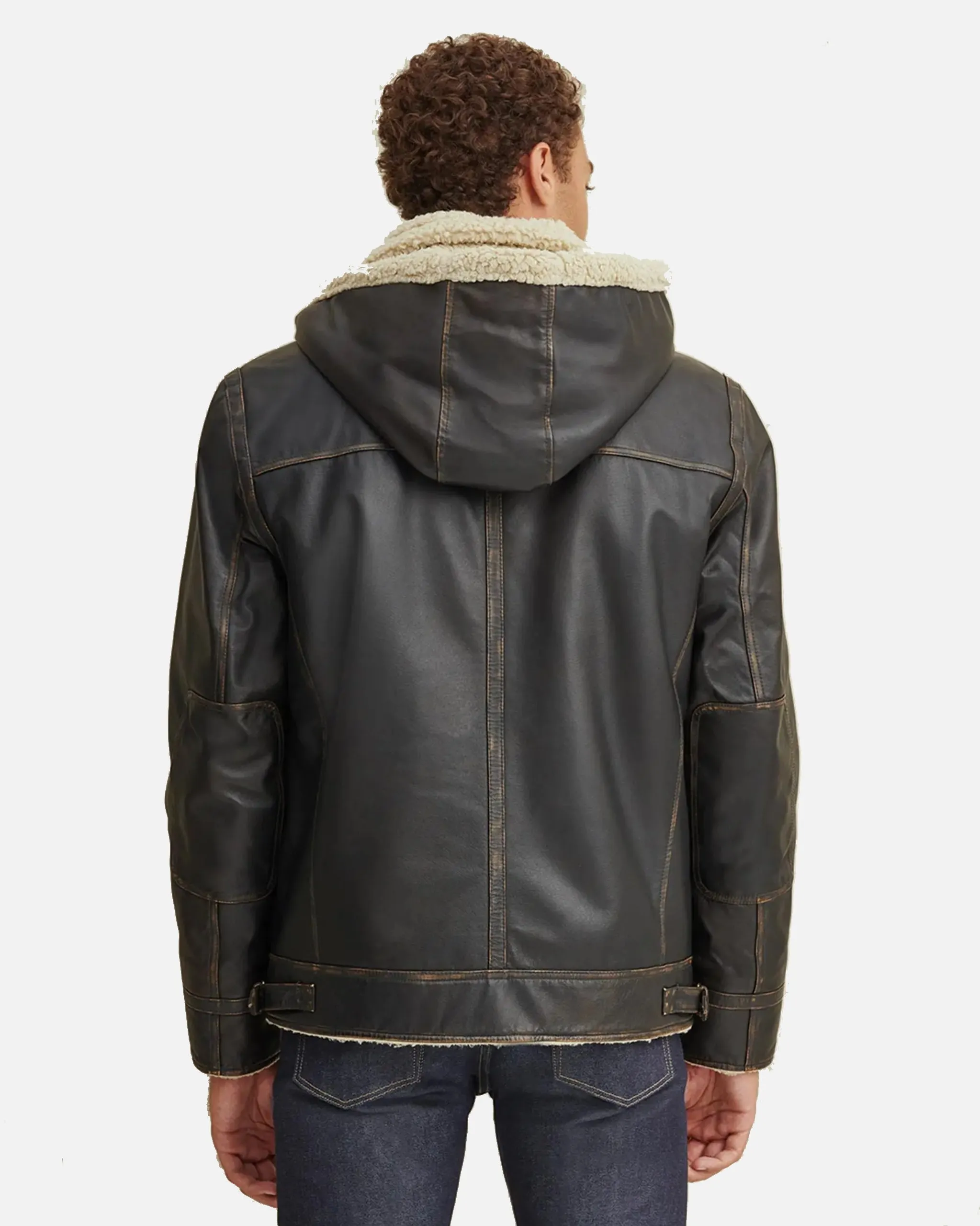 Mens Black Shearling Hooded Leather Jacket