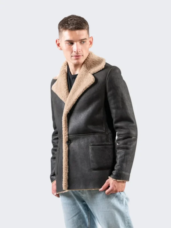 Mens Black Sheepskin Shearling Leather Coat