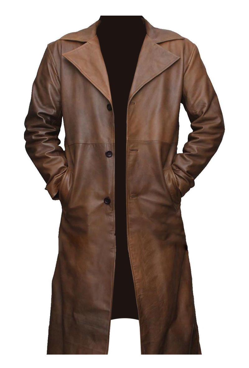Mens Waxed Brown Leather Trench Coat