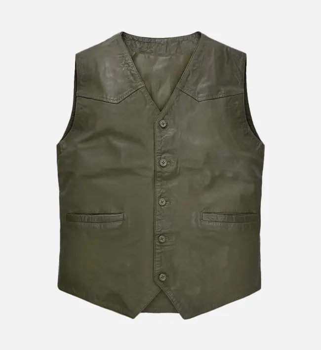Mens Green Wax and Washed Leather Vest