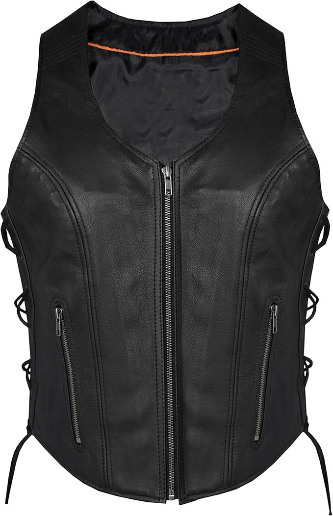 Ladies Womens Solid Soft Leather Biker Vest