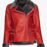 Leather Shearling Jacket Red Luxurious for Women