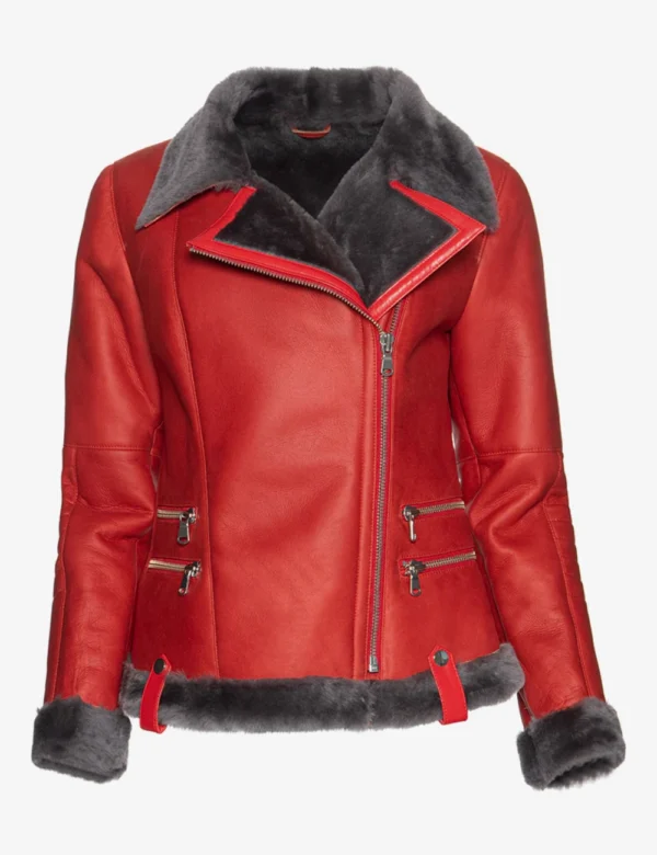 Leather Shearling Jacket Red Luxurious for Women