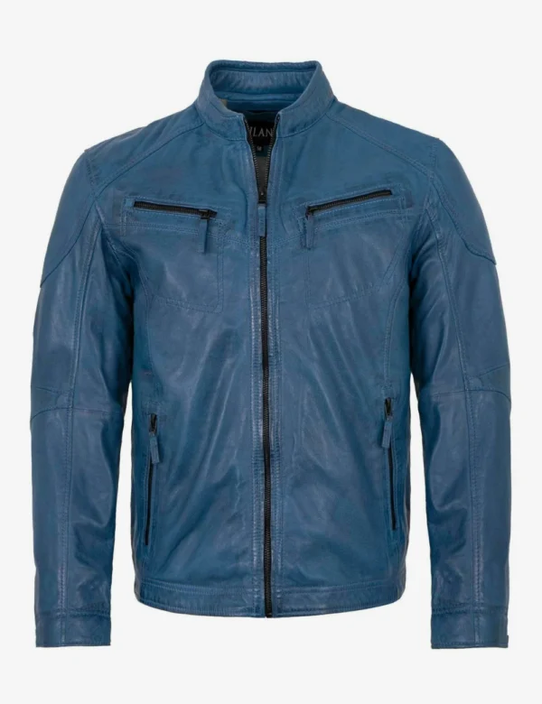Mens Horizon Leather Blue Cafe Racer Jacket